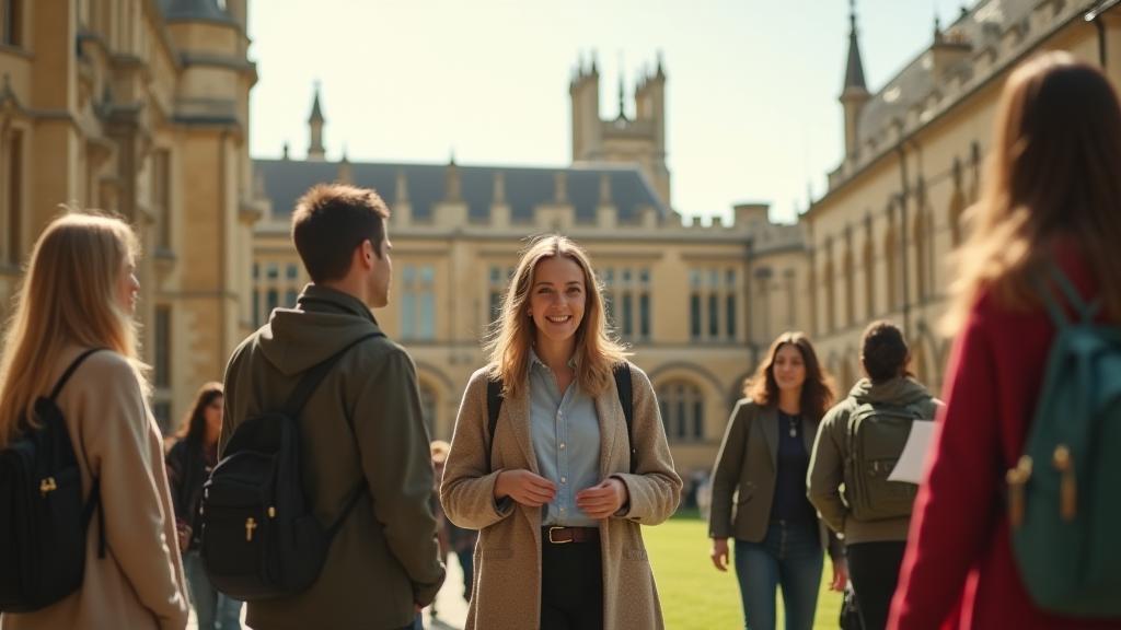 Diverse students learning English in Cambridge setting with iconic architecture visible