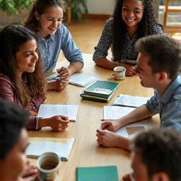 Diverse group engaging in conversational English practice