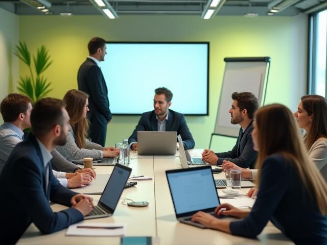 Business team in meeting room practicing English communication skills