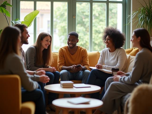 Small group engaging in relaxed conversational English practice in casual setting