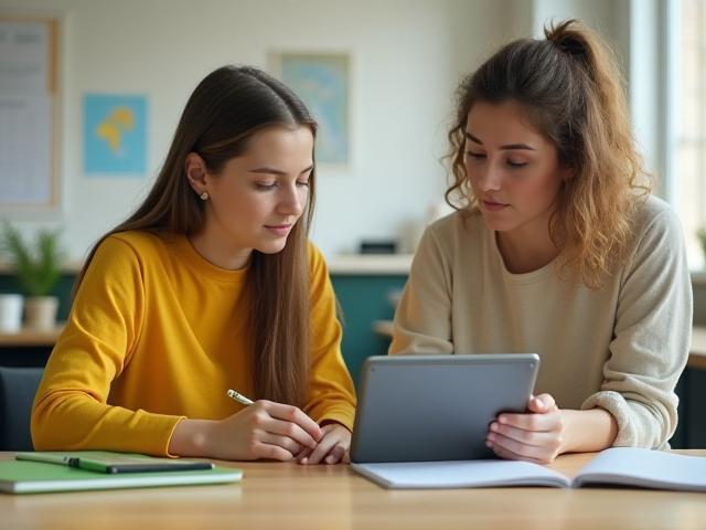 Teacher planning personalized language curriculum on tablet with student