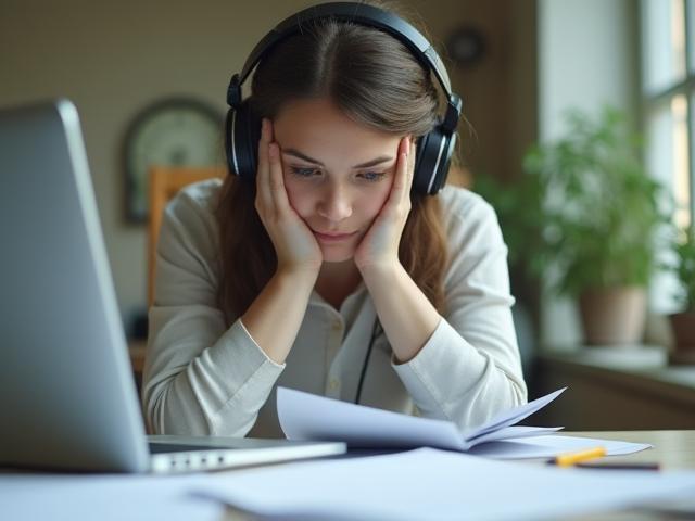 Student sitting exam with headphones and papers, focused and confident
